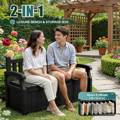 80 Gallon Storage Bench Deck Box Lockable for Patio Furniture, Garden Decor and Outdoor Seating for Cushions, Garden Tools and Pool Supplies (Black)