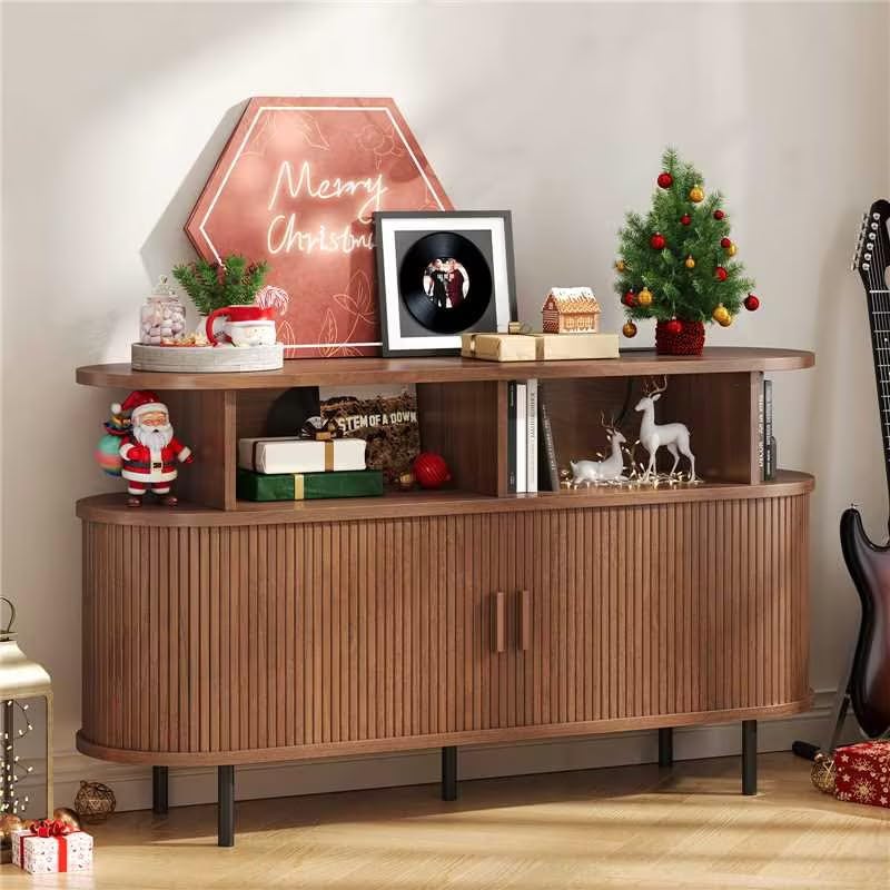 55" Large Round Record Player Stand with Charging Station,Walnut