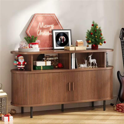 55" Large Round Record Player Stand with Charging Station,Walnut