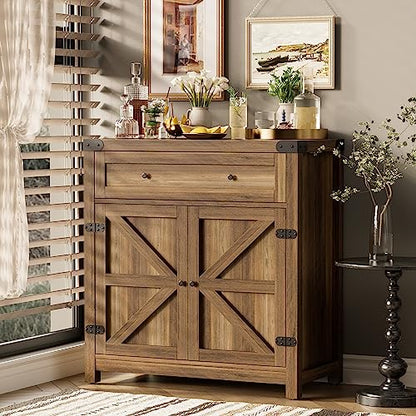Coffee Bar Cabinet Farmhouse Kitchen Sideboard Buffet Cabinet with Drawer and Adjustable Shelf Barn Door Storage for Kitchen, Dining Room, Bathroom, Entryway (Brown)