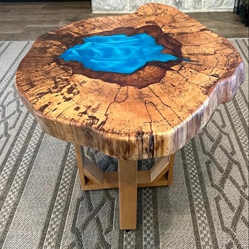 RESINHOMEFURNITURE Round Wooden Table with Blue Epoxy Lake Design Coffee Table Console Table Side Table Living Room Table Center Table Patio Table End Table (30 Inches Tall, 36 x 36 Inches)