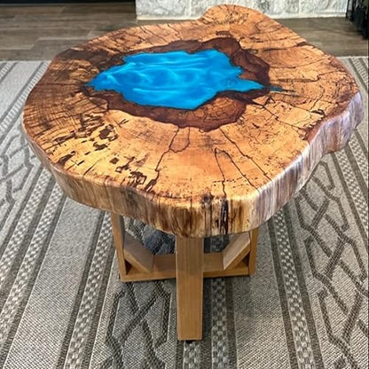 RESINHOMEFURNITURE Round Wooden Table with Blue Epoxy Lake Design Coffee Table Console Table Side Table Living Room Table Center Table Patio Table End Table (30 Inches Tall, 36 x 36 Inches)