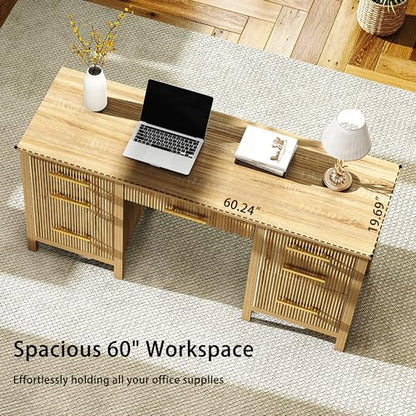 Fluted Executive Desk with Drawers: 60" Oak Home Office Desks with File Drawers, Modern Computer Desk with Gold Handles, Writing Table for Study, Living Room (Oak, 60")