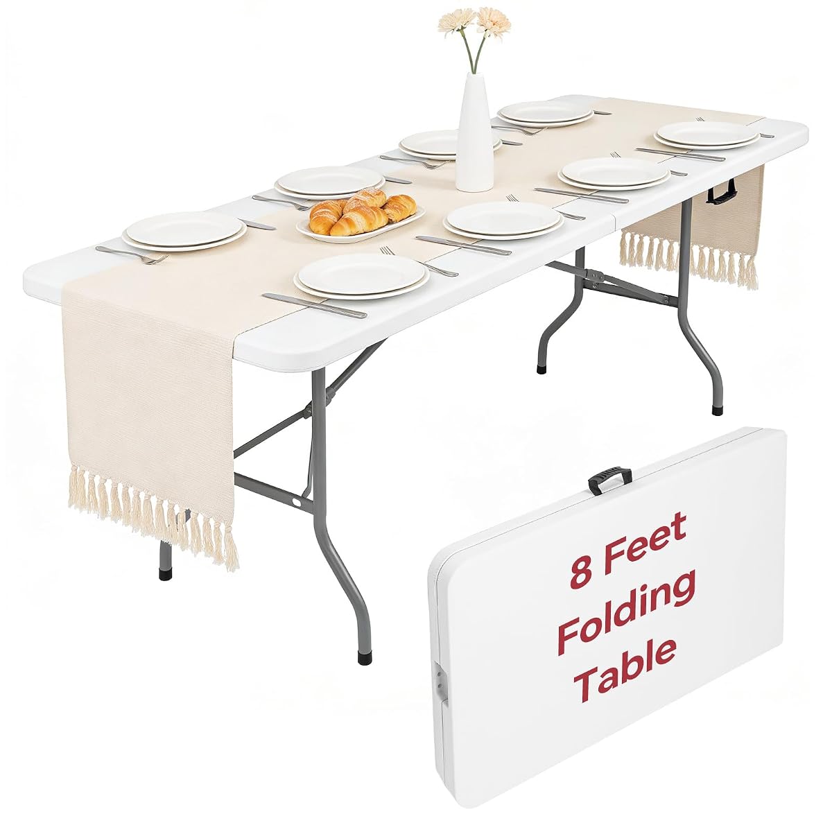 8 Foot Folding Table Portable, 8FT Folding Dining Table for Indoor Outdoor, Heavy Duty Fold-in-Half Plastic Long Large Rectangular Utility Card Tables for Picnic Camping Party, 95x29 inch