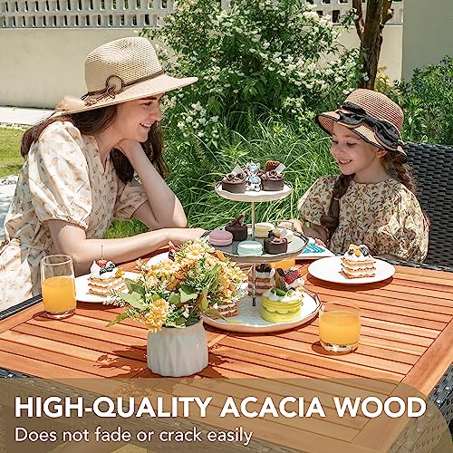 5 PCS Furniture, Patio Conversation Set with Acacia Wood Top, Rattan Outdoor Dining Table and Chairs for Backyard, Garden, Deck, Black