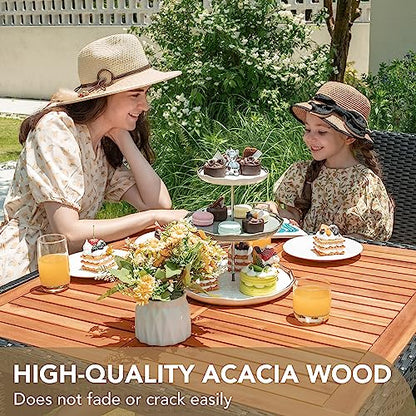 5 PCS Furniture, Patio Conversation Set with Acacia Wood Top, Rattan Outdoor Dining Table and Chairs for Backyard, Garden, Deck, Black