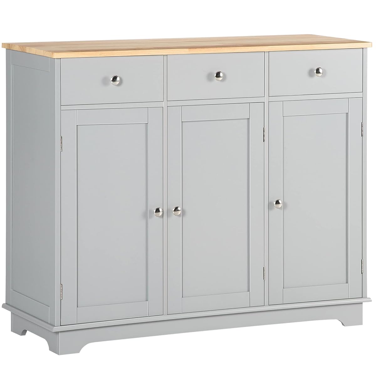 Sideboard Buffet Cabinet with Solid Wood Countertop, Modern Kitchen Storage Cabinet, Coffee Bar Cabinet with 3 Drawers, Doors and Adjustable Shelf, Gray