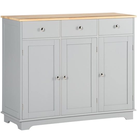 Sideboard Buffet Cabinet with Solid Wood Countertop, Modern Kitchen Storage Cabinet, Coffee Bar Cabinet with 3 Drawers, Doors and Adjustable Shelf, Gray