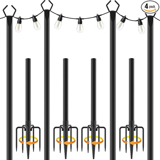 10Ft String Light Poles 4 Pack,Light Poles for Outside Lights,Outdoor with Fence Brackets Hanging Lights,Metal Stand Deck Patio Backyard