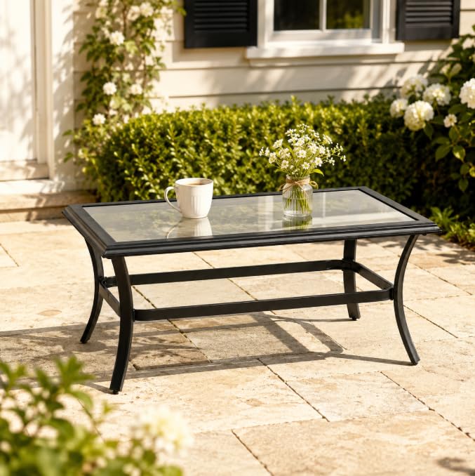 Outdoor Glass Coffee Table,Outdoor Furniture Coffee,Patio Garden Furniture Multi-Functional Tea Table with Tempered Glass Top, for Conversation-Square (Rectangular)