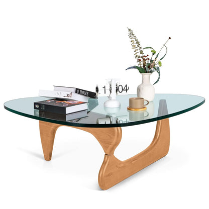 Triangle Glass Coffee Table Vintage Glass End Table, Solid Wood Base and Triangle Clear Glass Top Modern End Table for Living Room, Patio, Study (Light Walnut)