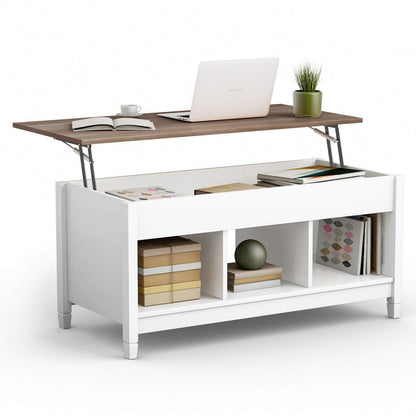 Lift Top Coffee Table, Wood Cocktail Table w/Hidden Compartment & Lower Storage Shelves, Wood Laptop Table, Lift Tabletop Home Furniture for Living Room, Guest Room, Office, White