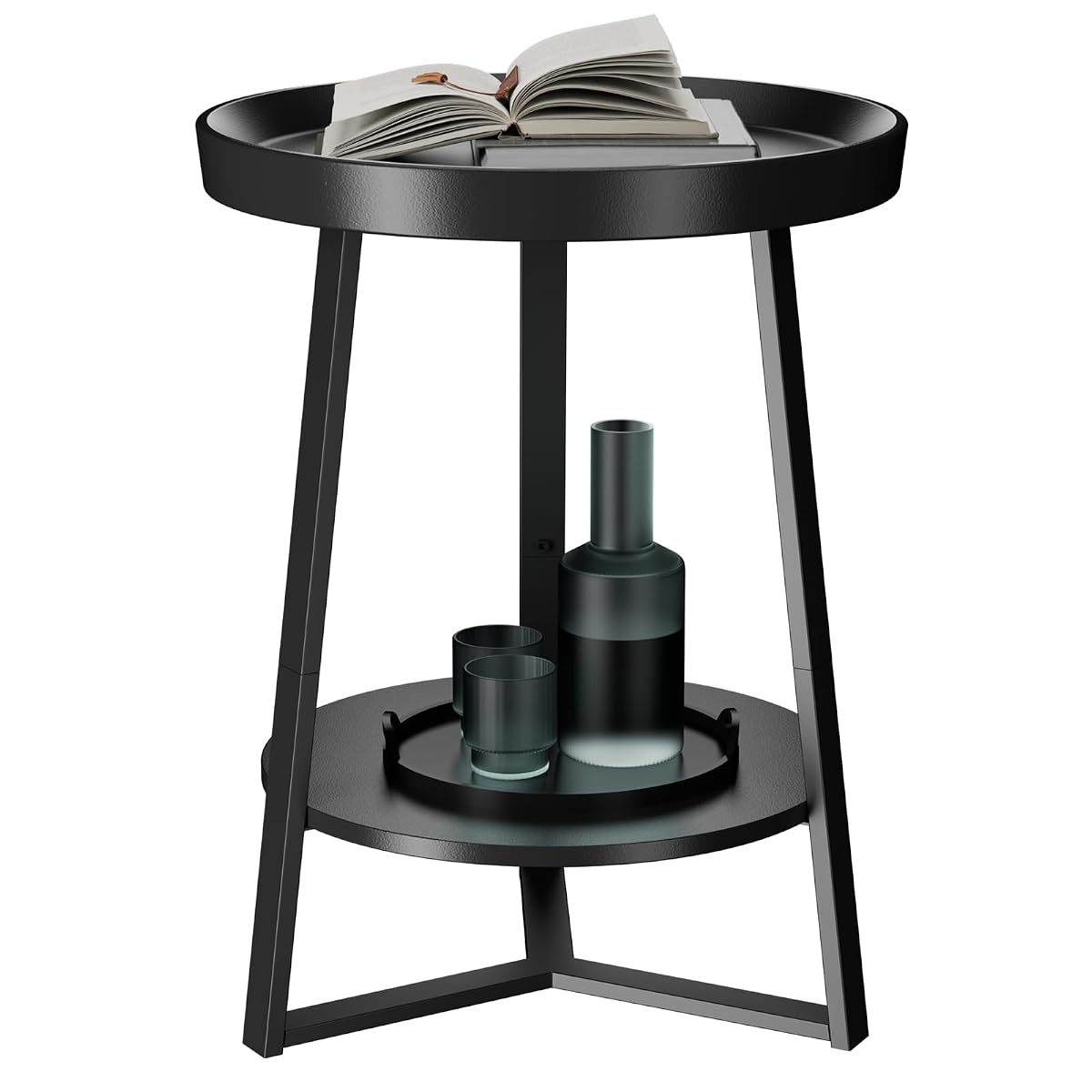 Round End Table with Storage Shelf, 2 Tier Farmhouse Side Table Nightstand for Living Room, Bedroom, Wood Tabletop & Black Metal Frame, Black 15.7 * 15.7 * 23.0inches
