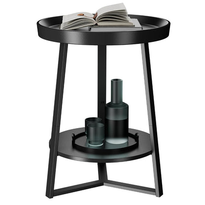 Round End Table with Storage Shelf, 2 Tier Farmhouse Side Table Nightstand for Living Room, Bedroom, Wood Tabletop & Black Metal Frame, Black 15.7 * 15.7 * 23.0inches