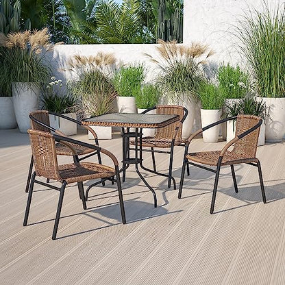 Barker 28'' Square Tempered Glass Metal Table with Dark Brown Rattan Edging