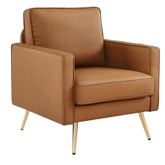 Modern PU Leather Accent Chair for Living Room,Bedroom Comfy Chair Arm Chair Reading Chair with Golden Metal Legs and Deep Seat for Office,Apartment,Small Space,Cognac