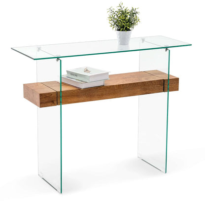 Glass Console Table with Storage, 39.4" Modern Narrow Entryway Table for Living Room, Entrance, Hallway or Bedroom 5101 (Natural Wood)