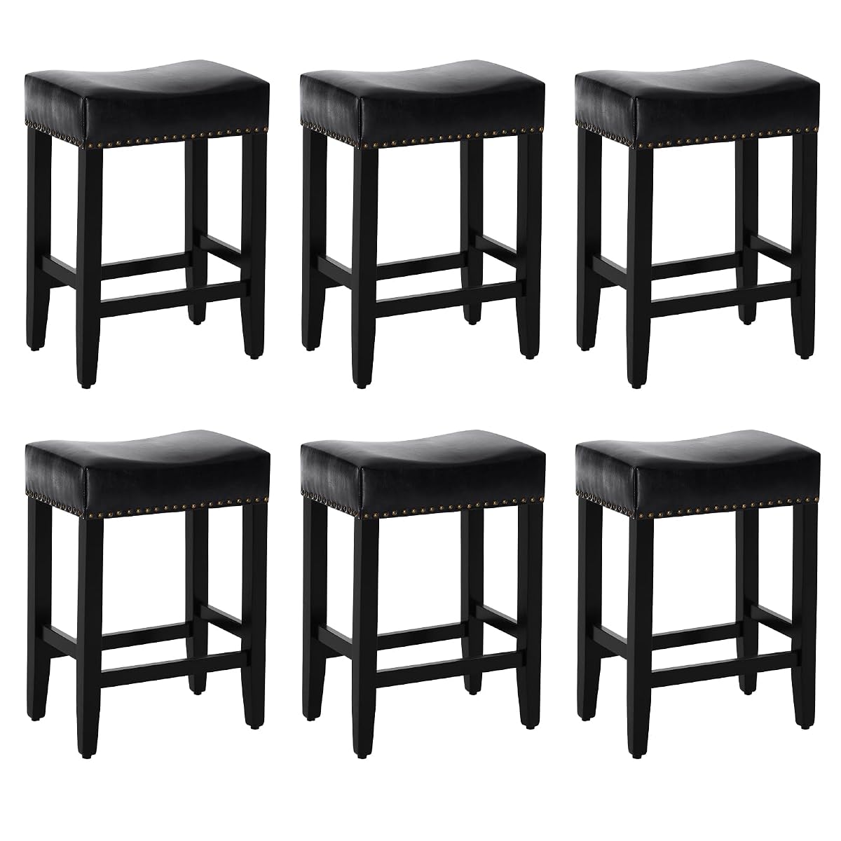Bar Stools Set of 6,25.7 inch Counter Height Bar Stools,Upholstered Kitchen Barstools with Solid Wooden Legs, Saddle Stools for Kitchen Island, Bar, Cafe, Black