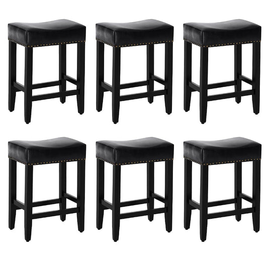 Bar Stools Set of 6,25.7 inch Counter Height Bar Stools,Upholstered Kitchen Barstools with Solid Wooden Legs, Saddle Stools for Kitchen Island, Bar, Cafe, Black