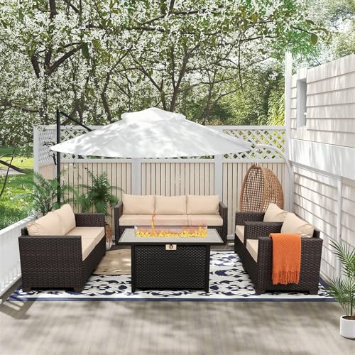 5-Piece Outdoor Patio Furniture 45 in Outdoor Fire Pits Patio Furniture Set 60000 BTU Outdoor Propane Fire Pit No-Slip Cushions Waterproof Covers, Khaki