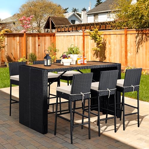 7 Piece Patio Dining Set Outdoor Acacia Wood Bar Table and Chairs, view 6