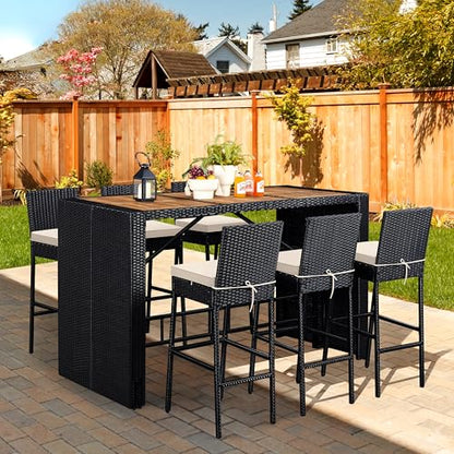 7 Piece Patio Dining Set Outdoor Acacia Wood Bar Table and Chairs, view 6