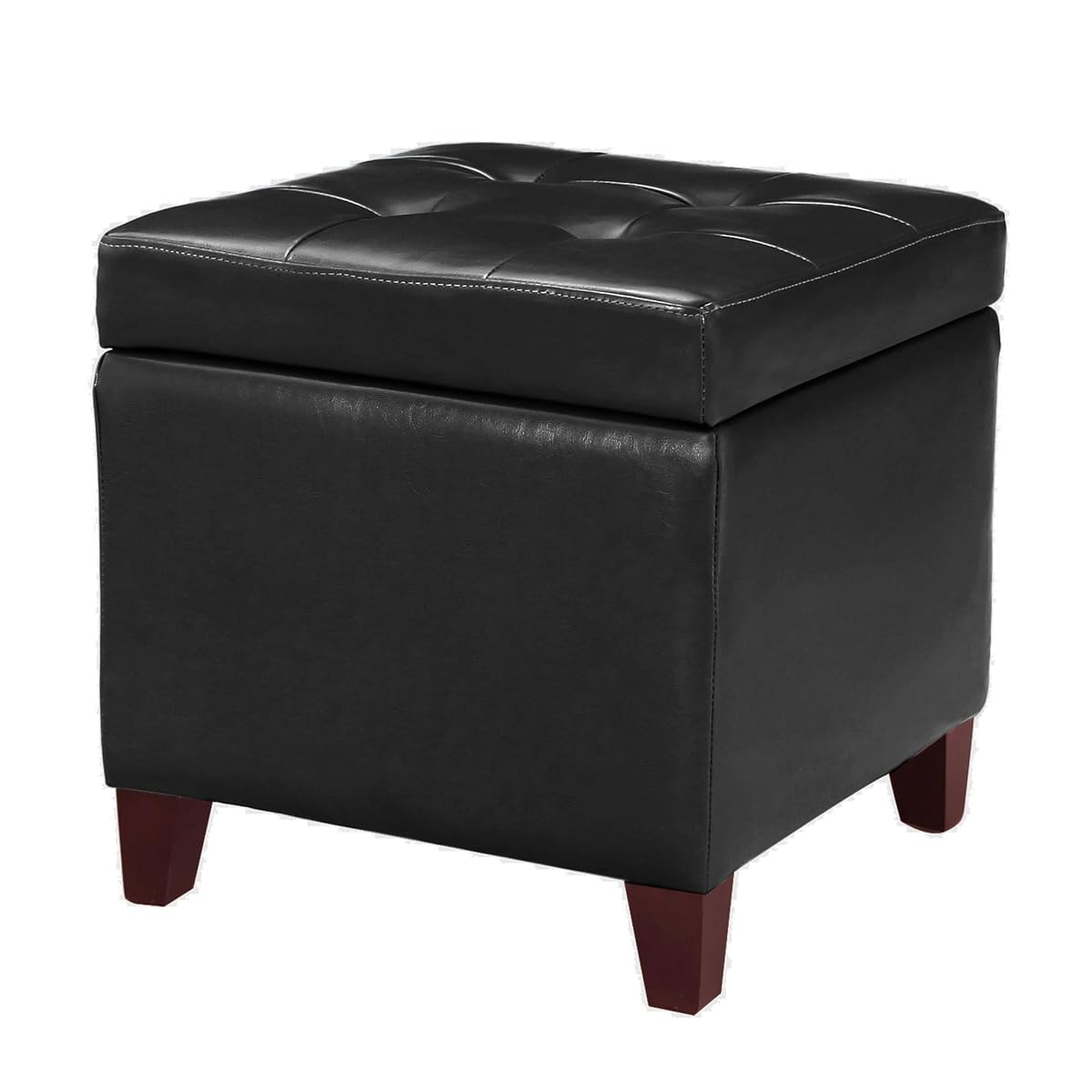 Storage Ottoman Foot Rest Stool, Leather Ottoman Footstool with Wood Legs and Hinged Lid, 18" Small Foot Stool Bench for Living Room, Bedroom, Black
