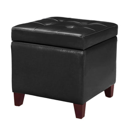 Storage Ottoman Foot Rest Stool, Leather Ottoman Footstool with Wood Legs and Hinged Lid, 18" Small Foot Stool Bench for Living Room, Bedroom, Black