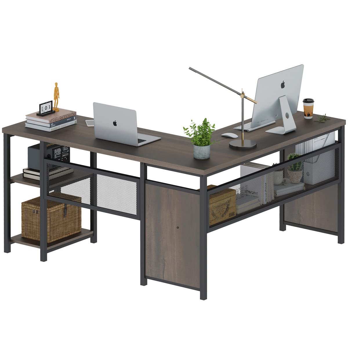 L Shaped Desk, Industrial Reversible Home Office Computer Desk with Wood Shelves