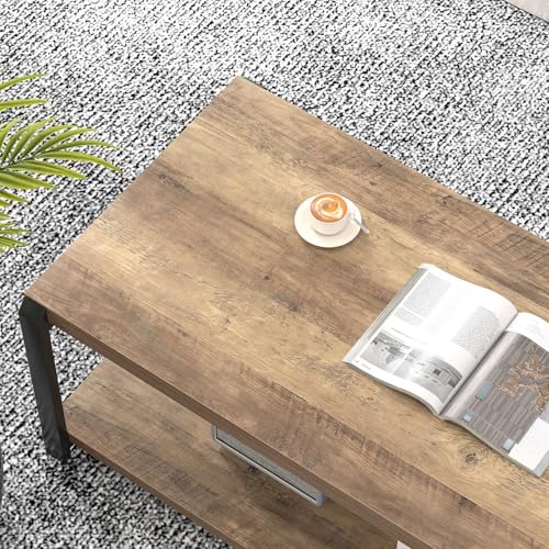 Modern Coffee Table, Rustic Wood and Metal Center Table for Living Room, Industrial Rectangle Cocktail Tea Table with Storage, Oak