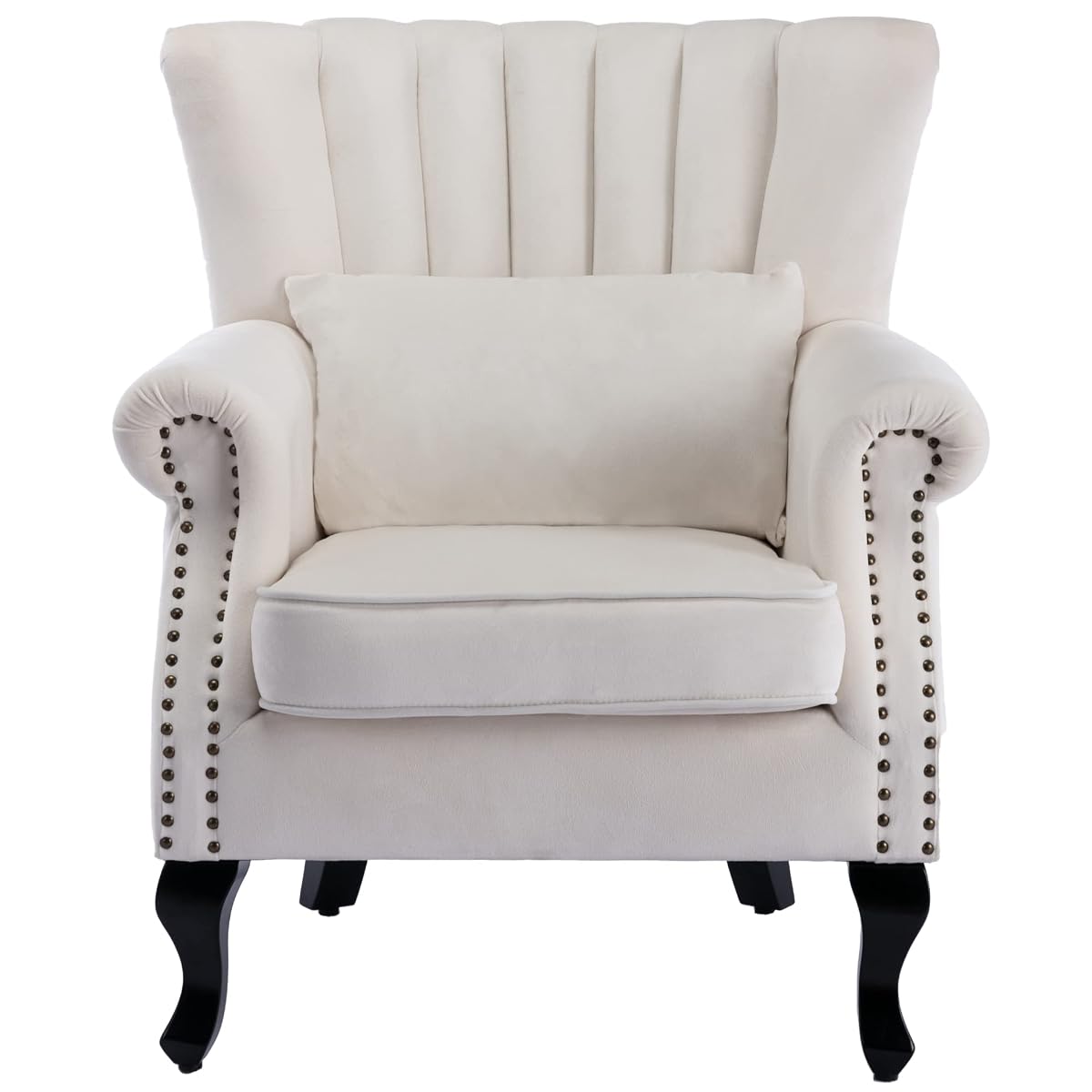 Mid-Century Modern Accent Chair Comfy Single Sofa Chair Channel Back Armchair with Small Pillow for Living Roon Bedroom Club - Velvet, Cream
