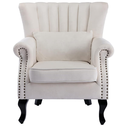 Mid-Century Modern Accent Chair Comfy Single Sofa Chair Channel Back Armchair with Small Pillow for Living Roon Bedroom Club - Velvet, Cream