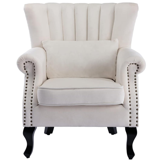 Mid-Century Modern Accent Chair Comfy Single Sofa Chair Channel Back Armchair with Small Pillow for Living Roon Bedroom Club - Velvet, Cream