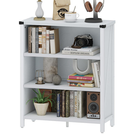 White Bookshelf, 3-Tier Wooden Bookcase with Adjustable Shelves, Small Farmhouse Floor Book Cases/Shelves with Open Storage for Home Office School Library Bedroom Kids