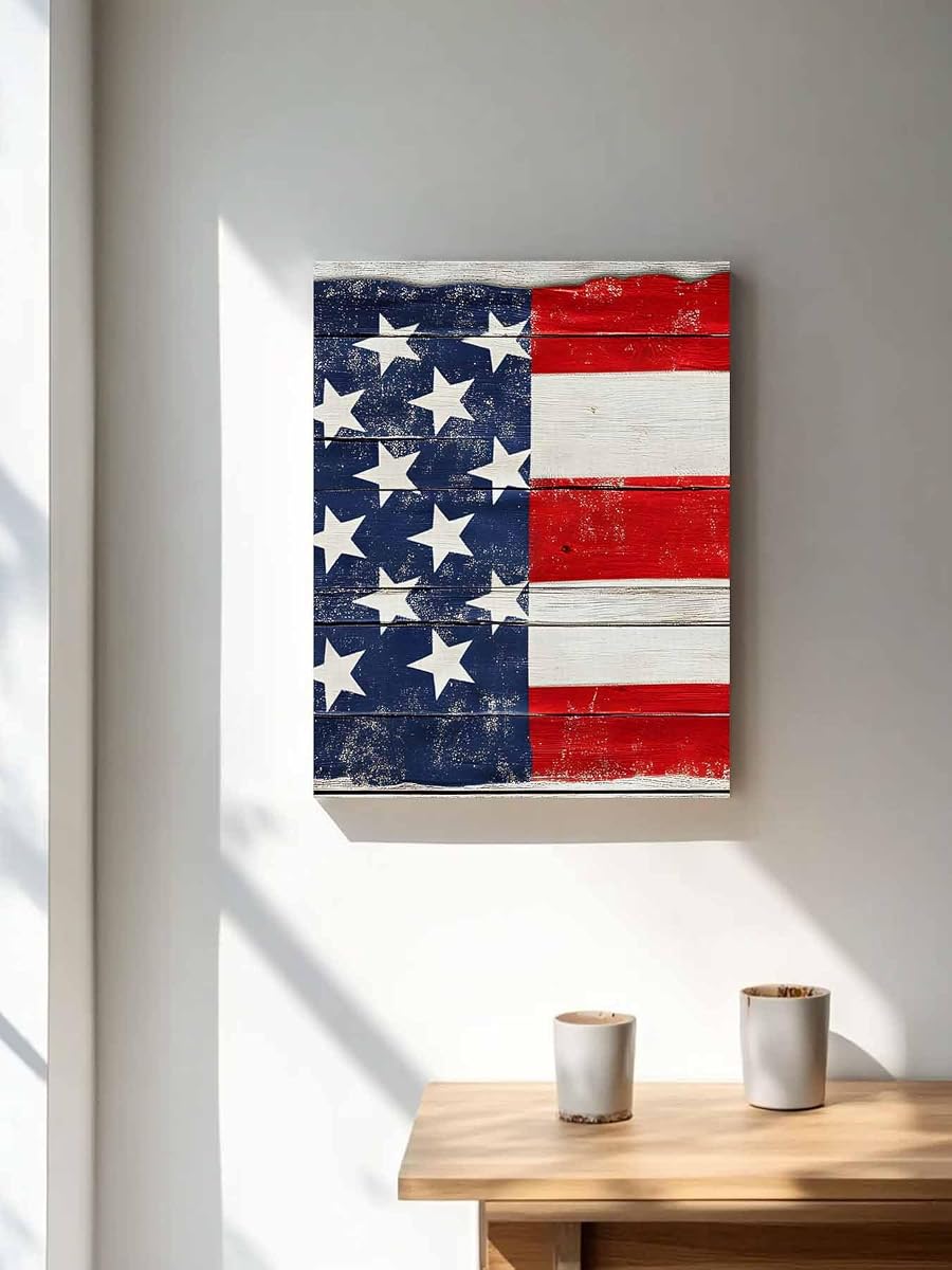 NuYeBiofx Independence Day American Flag Canvas Wall Art Prints,30"x20" Framed Picture Artwork Vintage Wood Grain Printed Canvas Oil Painting for Living Room Bedroom Office,Ready to Hang