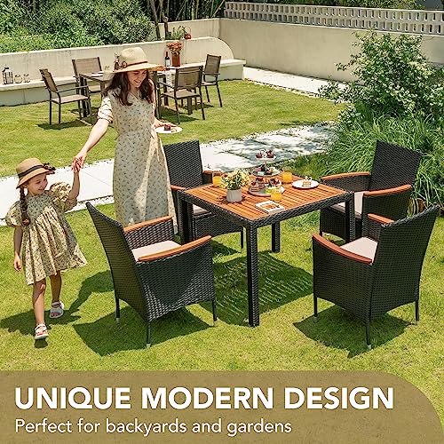 5 PCS Furniture, Patio Conversation Set with Acacia Wood Top, Rattan Outdoor Dining Table and Chairs for Backyard, Garden, Deck, Black