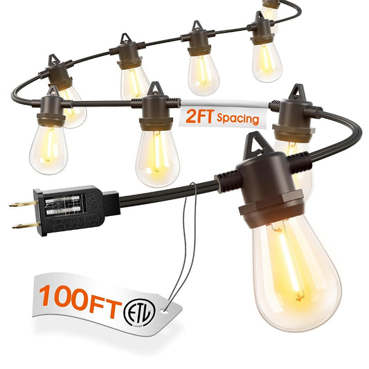 100FT Outdoor String Lights LED Waterproof Patio Lights with 54 Edison Dimmable Bulbs Shatterproof Hanging Lights for Outside Cafe Bistro Garden Balcony Porch Yard Gazebo Deck 2Packs*50FT
