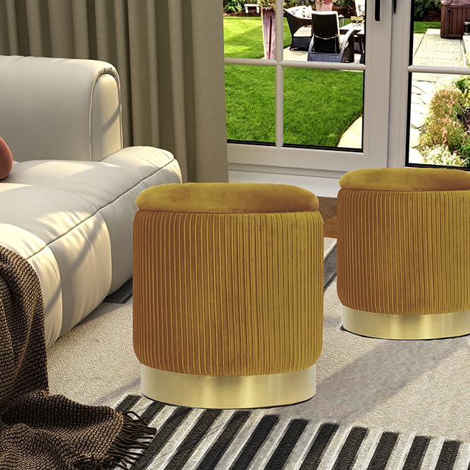 Round Ottoman with Storage Set of 2 Velvet Yellow Foot Stool for Living Room or Dorm, Vanity Stool Chair for Bedroom Small Ottoman Coffee Table, Removable Lid, Hallway, Assembly Free