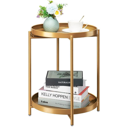 2-Tier End Table, Outdoor Side Table Metal Round Side Table with Removable Tray, Small Folding Accent Table, Anti-Rust Nightstand for Bedroom Balcony Patio Living Room (Gold)