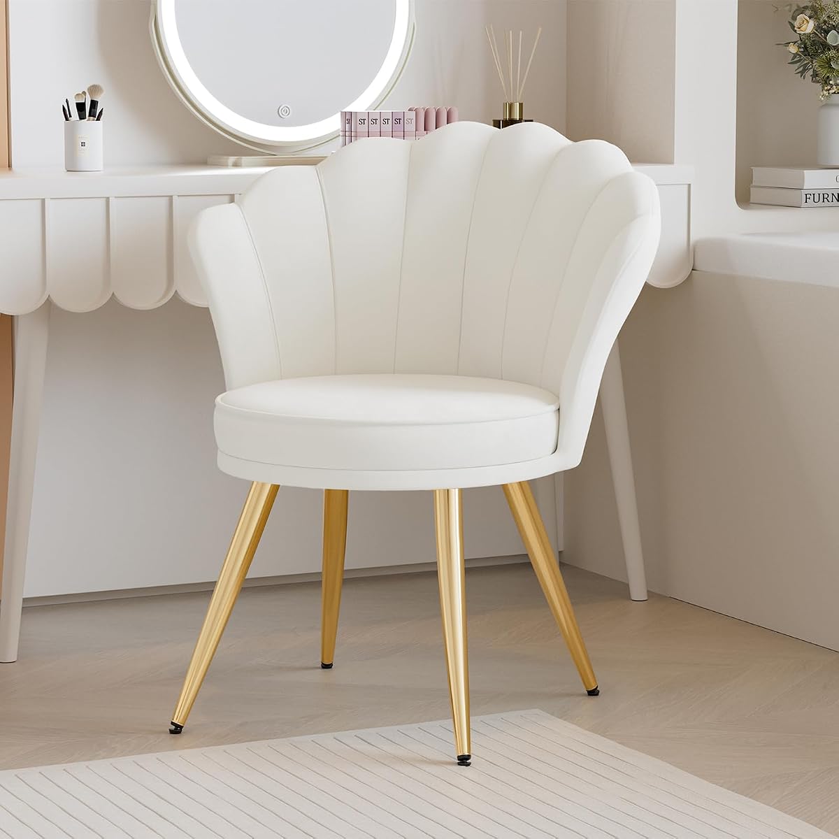 Velvet Accent Chair with Gold Metal Legs, Vanity Chair for Makeup Room, Upholstered Guest Chair for Living Room, for Bedroom, White