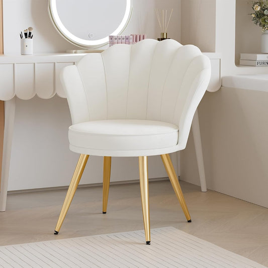 Velvet Accent Chair with Gold Metal Legs, Vanity Chair for Makeup Room, Upholstered Guest Chair for Living Room, for Bedroom, White