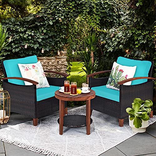 3 Pieces Patio Furniture Set, Outdoor Rattan Sofa and Side Table w/Solid Acacia Wood Frame, High Load Bearing Conversation Bistro Set w/Washable and Removable Cushions (Turquoise)