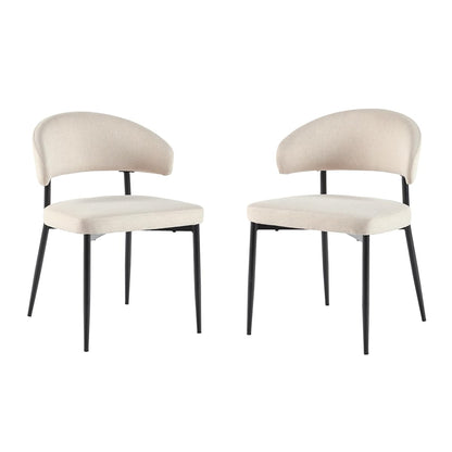 Modern Curved Back Upholstered Dining Chair with High-Performance Woven Upholstery and Powder Coated Steel Base, 2pk, Ivory