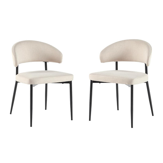 Modern Curved Back Upholstered Dining Chair with High-Performance Woven Upholstery and Powder Coated Steel Base, 2pk, Ivory