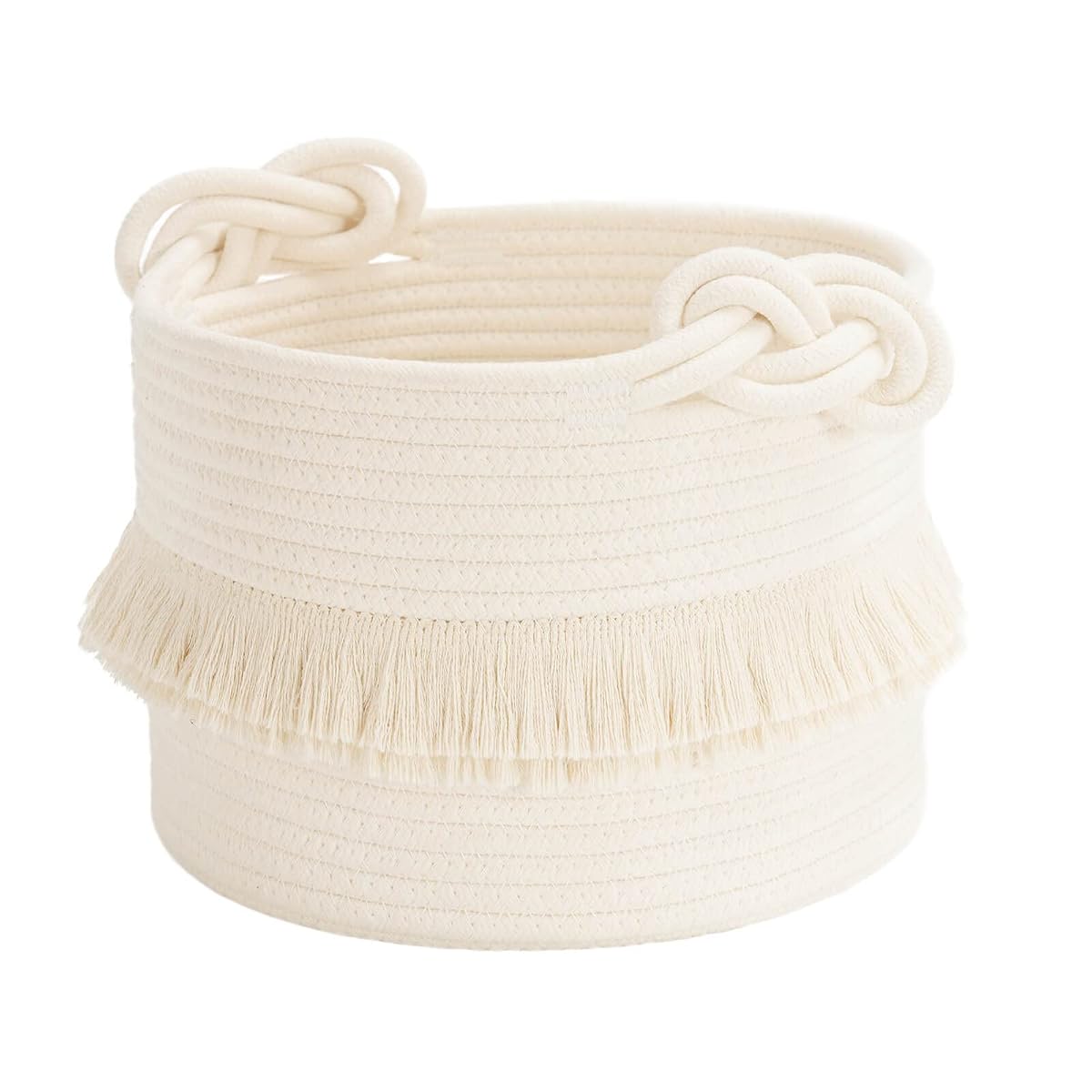 Small Woven Storage Baskets, 9.5'' x 7'' inches Cotton Rope Decorative Hamper for Diaper, Blankets, Magazine and Keys, Cute Tassel Nursery Decor - Home Storage Container, Off-white