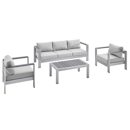 Shore Aluminum 4 Piece Outdoor Patio Furniture Set | Weather Resistant | Sunbrella Cushions | Sofa, Armchairs, Coffee Table