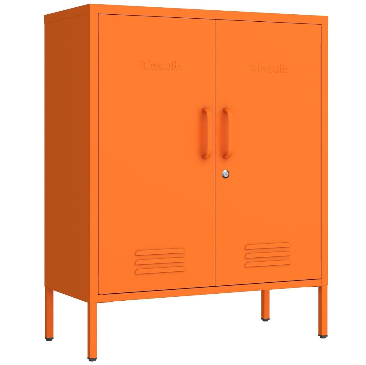 Multipurpose Accent Cabinet Locker, Metal Storage Cabinet with 2 Adjustable Shelves, Heavy Duty & Lockable Organizer Made of Thickened Steel, Easy Assembly for Home, Entryway, Orange
