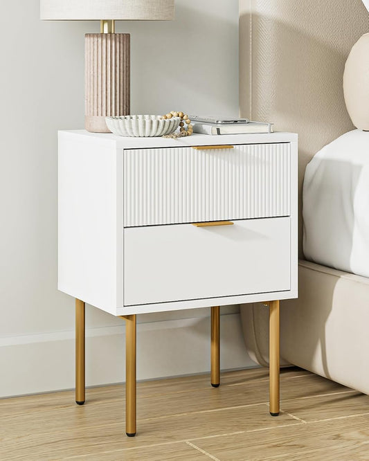 White small bedside table with gold frame and 2 drawers