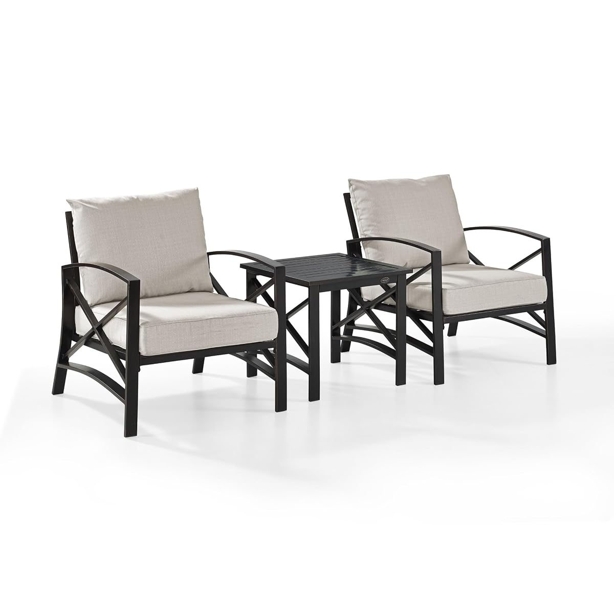 Crosley Furniture KO60016BZ-OL Kaplan Outdoor Metal 3-Piece Seating Set (2 Arm Chairs, Side Table), Oiled Bronze with Oatmeal Cushions