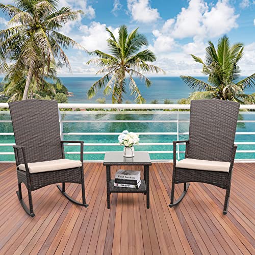 Outdoor HDPE Wicker Rocking Chair 3-Piece Patio Rattan Bistro Set 2 Rocker Armchair and Glass Coffee Side Table Furniture Washable Lacing Cushions, Khaki